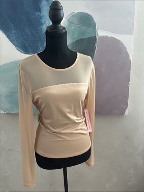 Crave Fame Beige Long Sleeve Top with Sheer Mesh Yoke